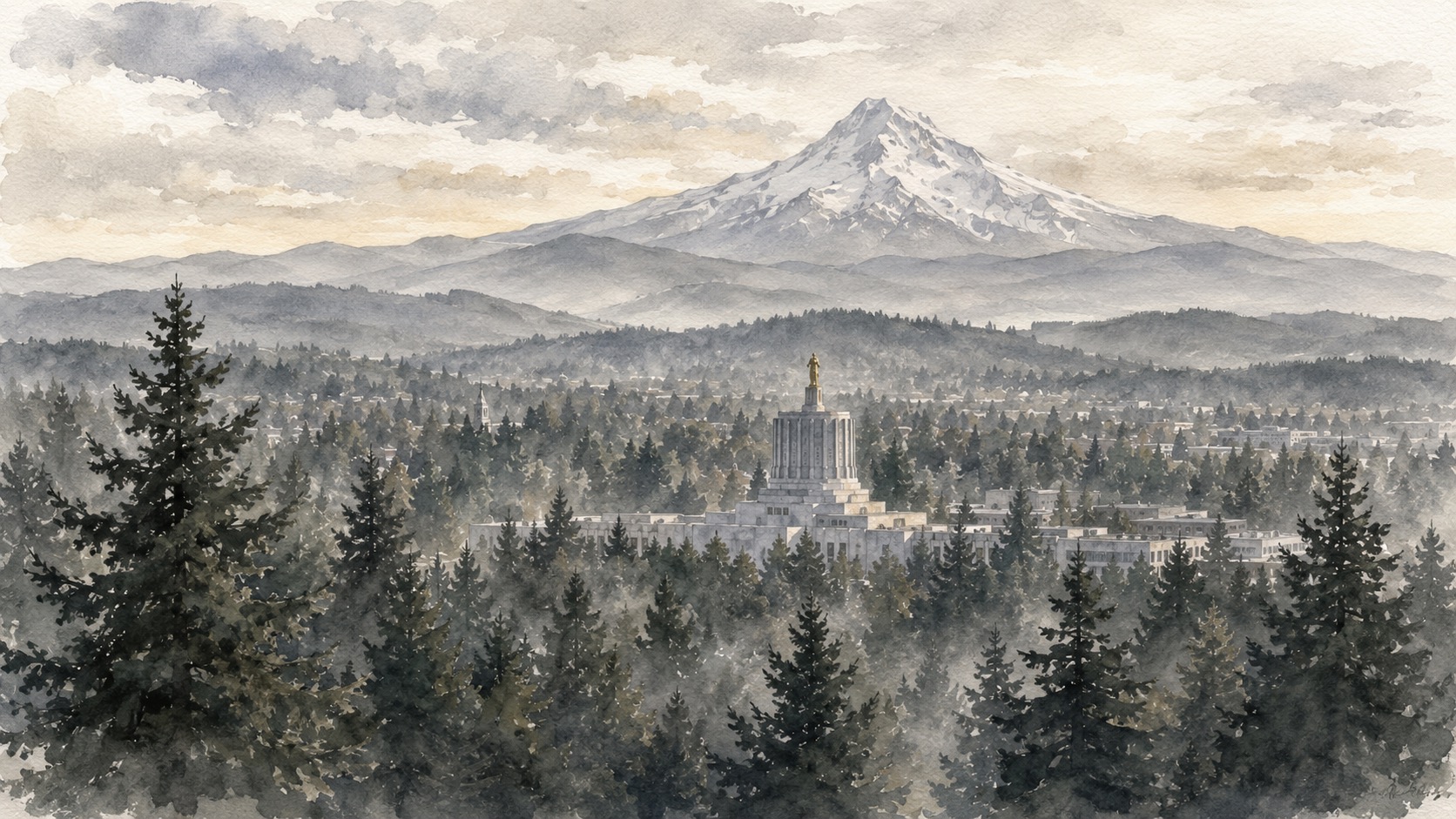 Watercolor of Salem, Oregon — Douglas-fir forest, the Oregon State Capitol, and Mount Hood beyond