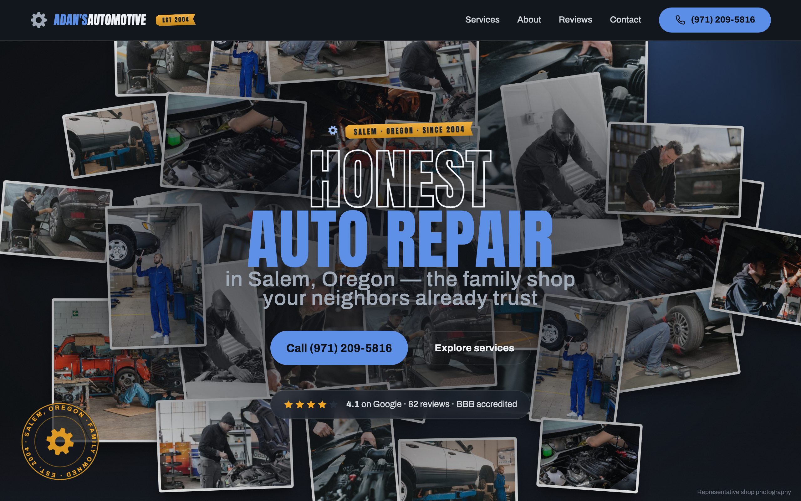 Adan's Automotive homepage: “Honest auto repair in Salem, Oregon — the family shop your neighbors already trust” over a wall of tilted shop polaroids