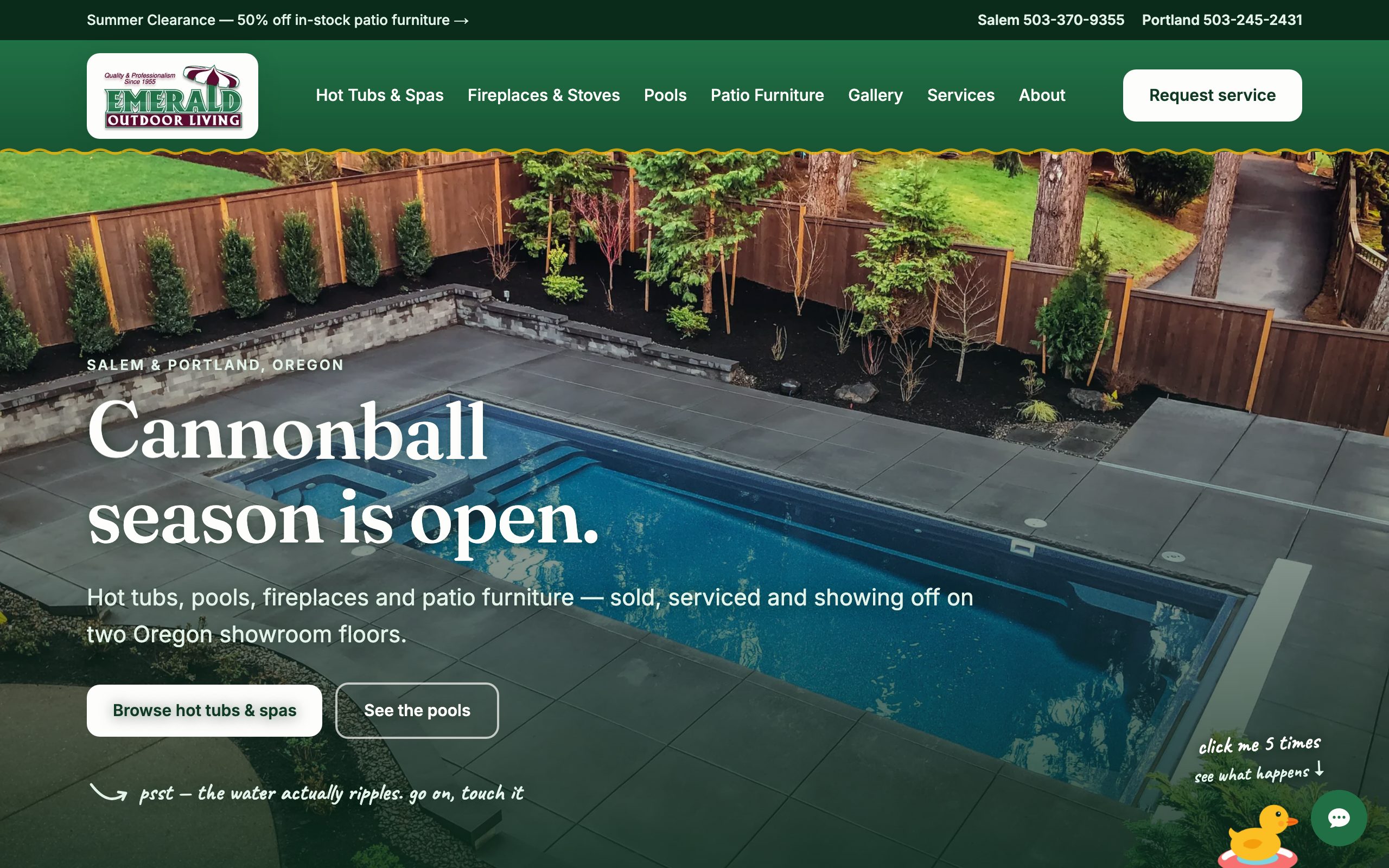 Emerald Outdoor Living homepage: “Cannonball season is open.” over an aerial photo of a backyard pool, beneath the showroom's green nav